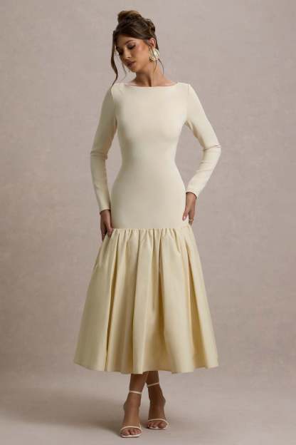 Perpetua Cream Drop-Waist Midi Dress With Volume Skirt