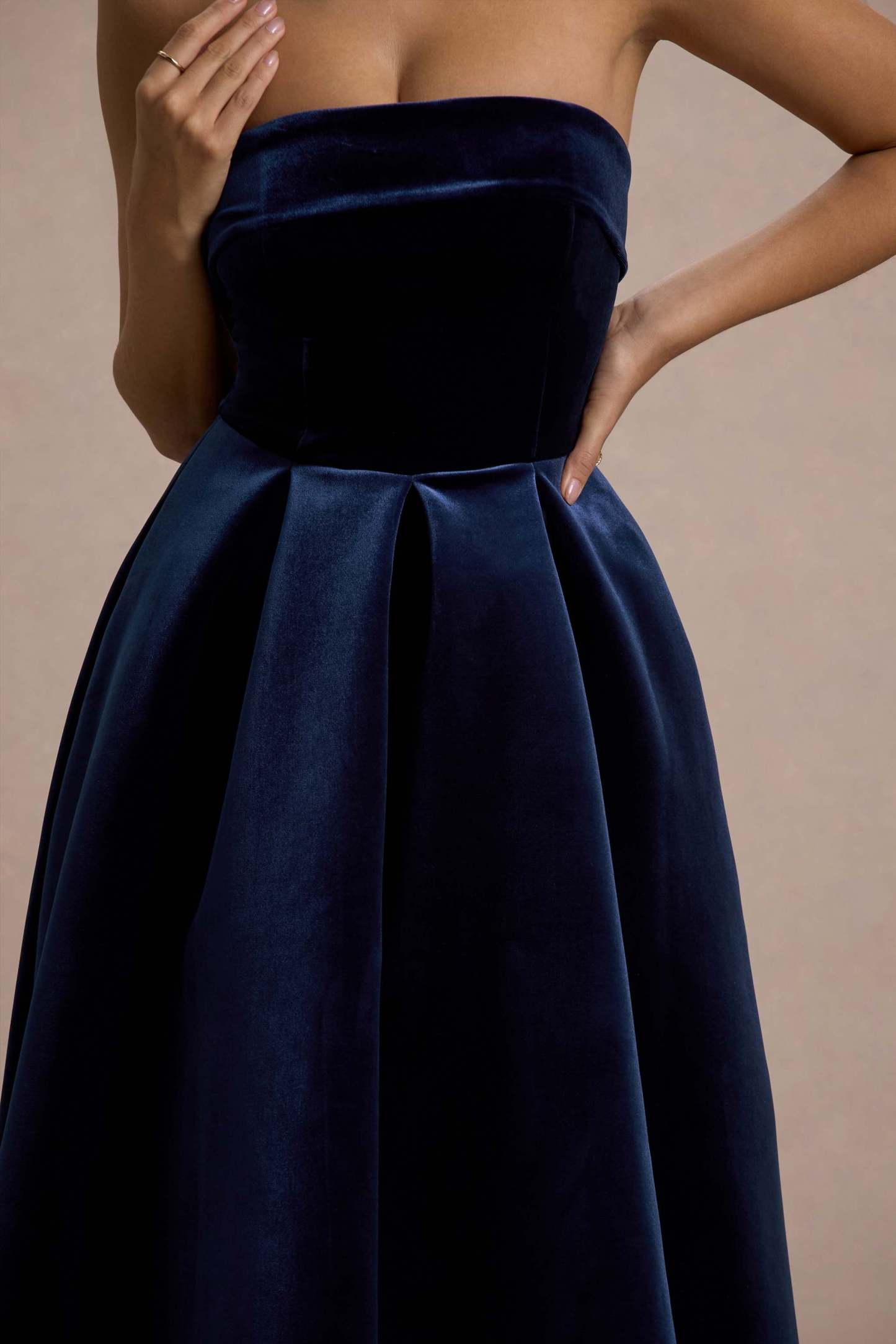 Addina Navy Velvet Bandeau Skater Midi Dress
