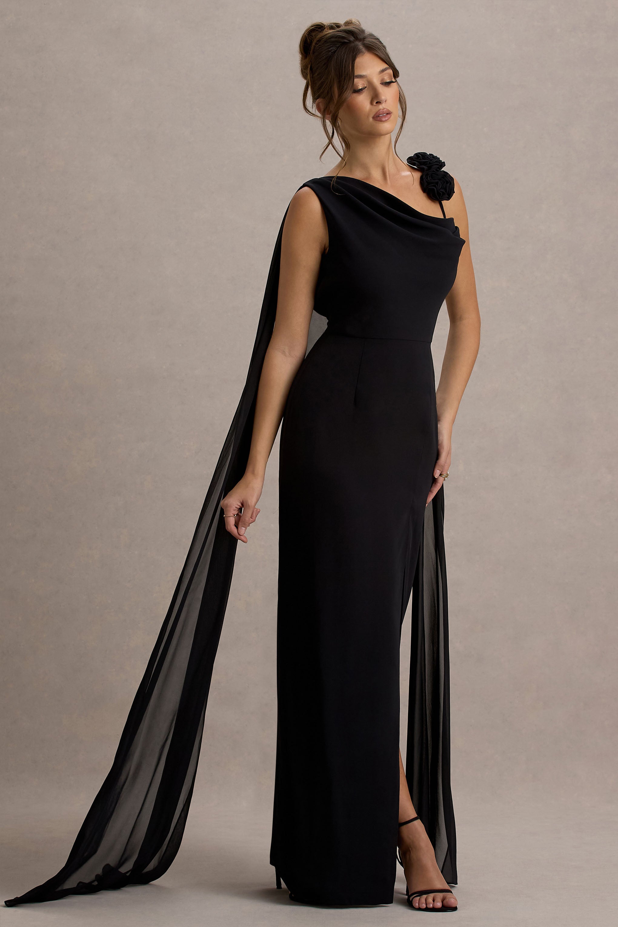Black Chiffon Draped Split Maxi Dress With Corsages