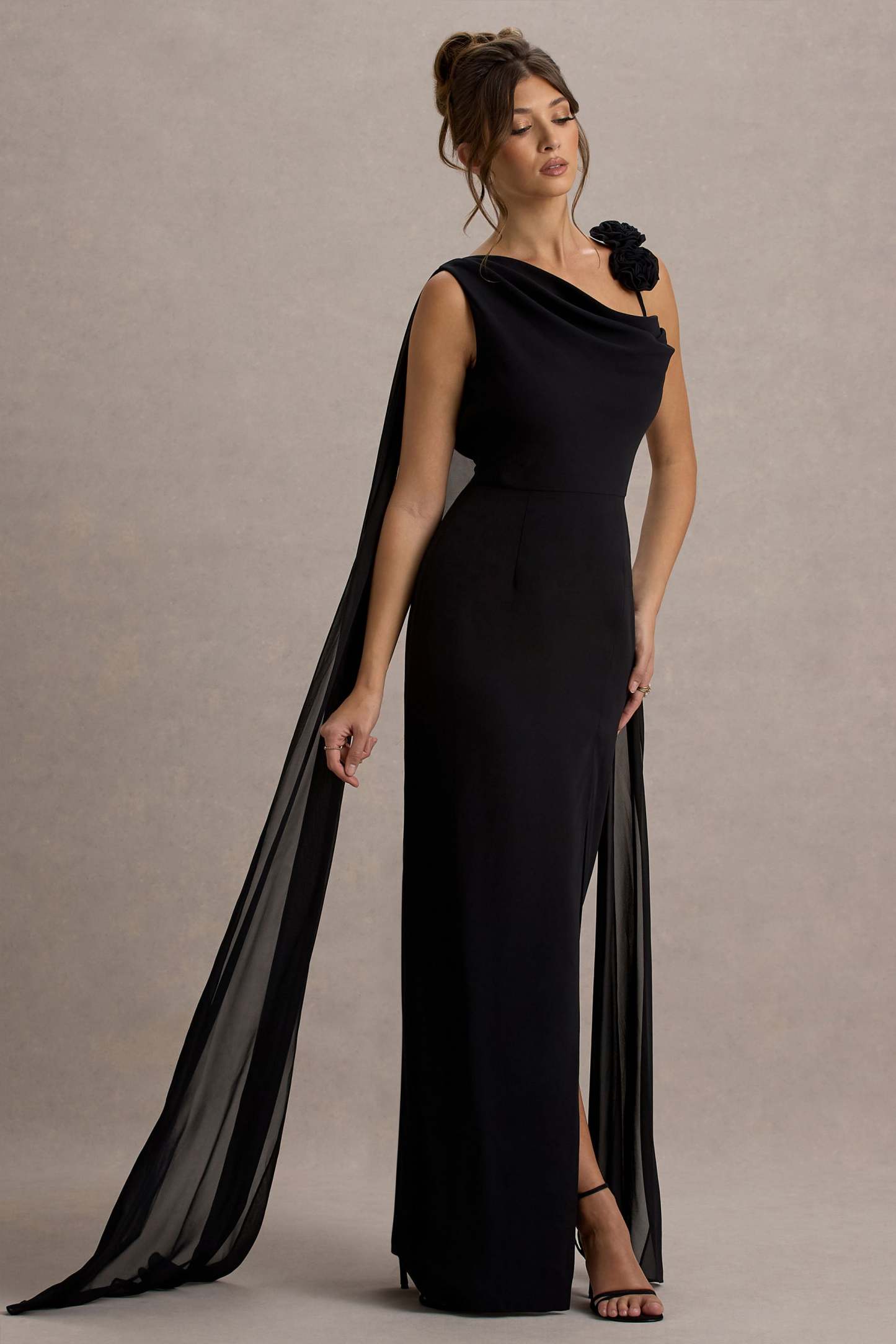 Black Chiffon Draped Split Maxi Dress With Corsages