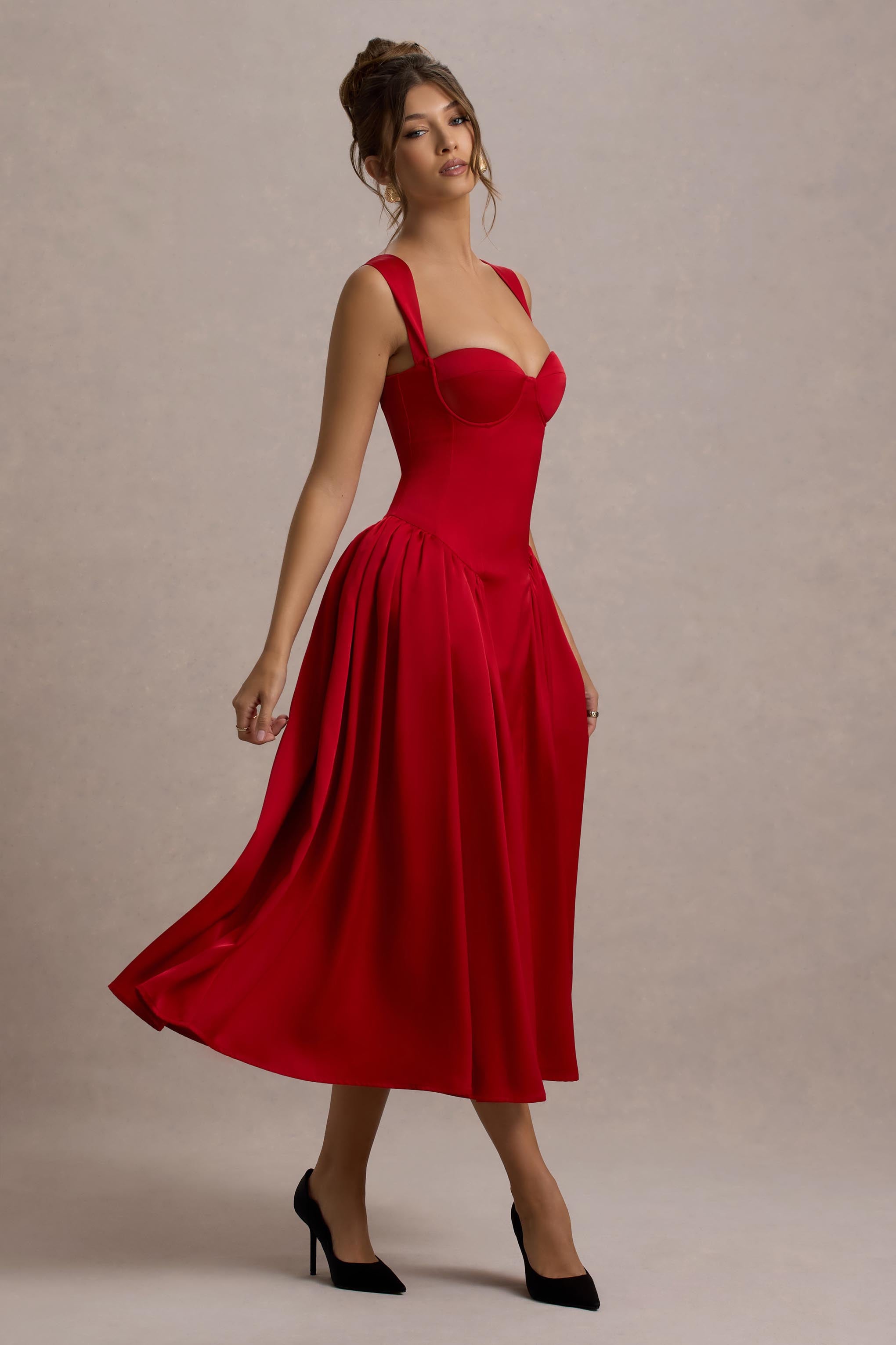 Covia Red Satin Sweetheart Midi Dress