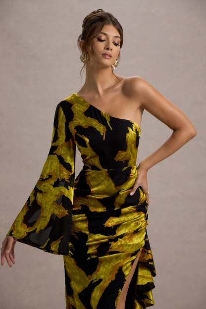 Mustard Print Satin Jacquard One Sleeve Ruffled Split Maxi Dress