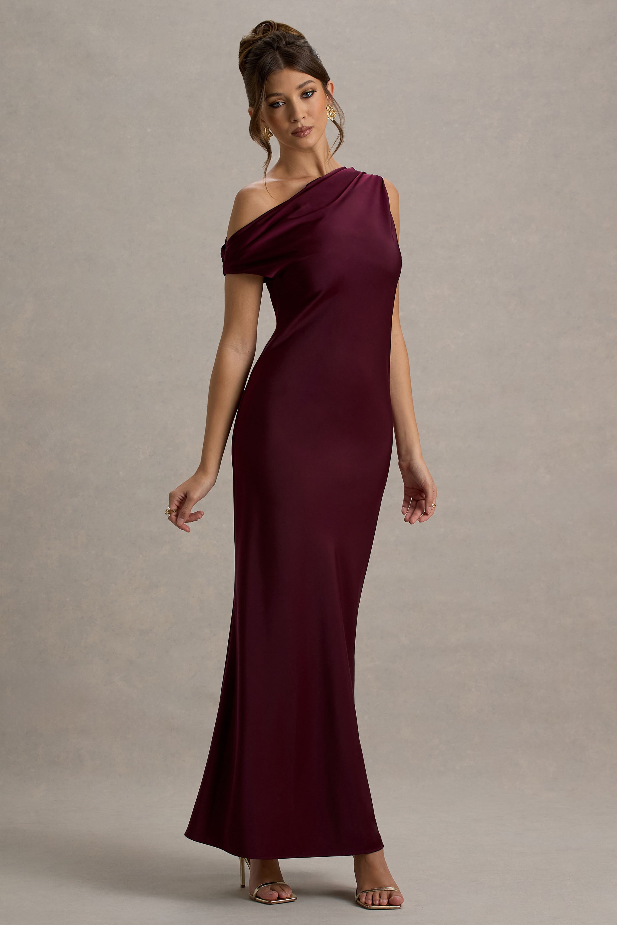 Isolde Burgundy Satin One-Shoulder Maxi Dress