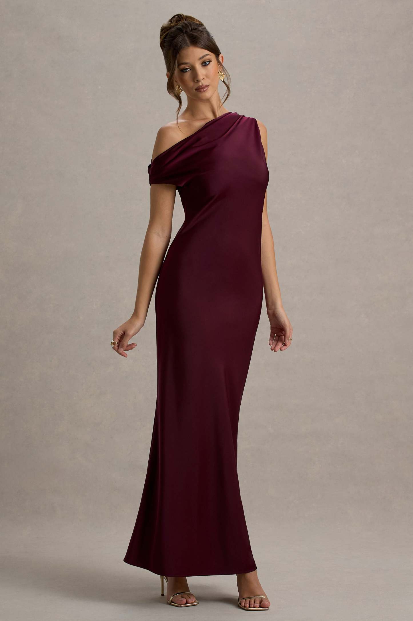 Isolde Burgundy Satin One-Shoulder Maxi Dress