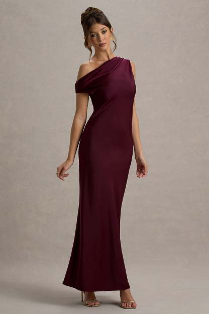 Isolde Burgundy Satin One-Shoulder Maxi Dress
