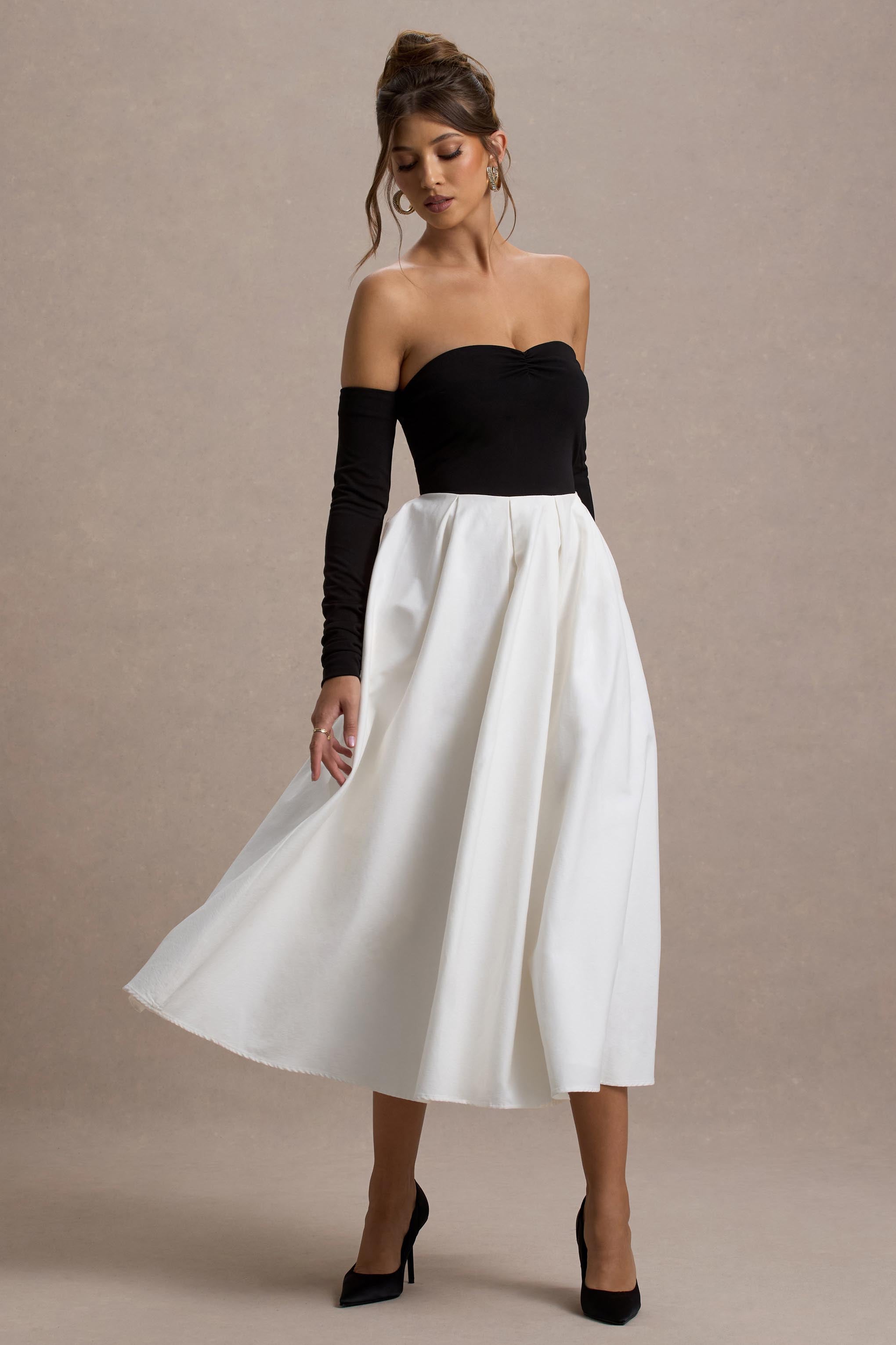 Solada Black & Cream Bardot Pleated Maxi Dress