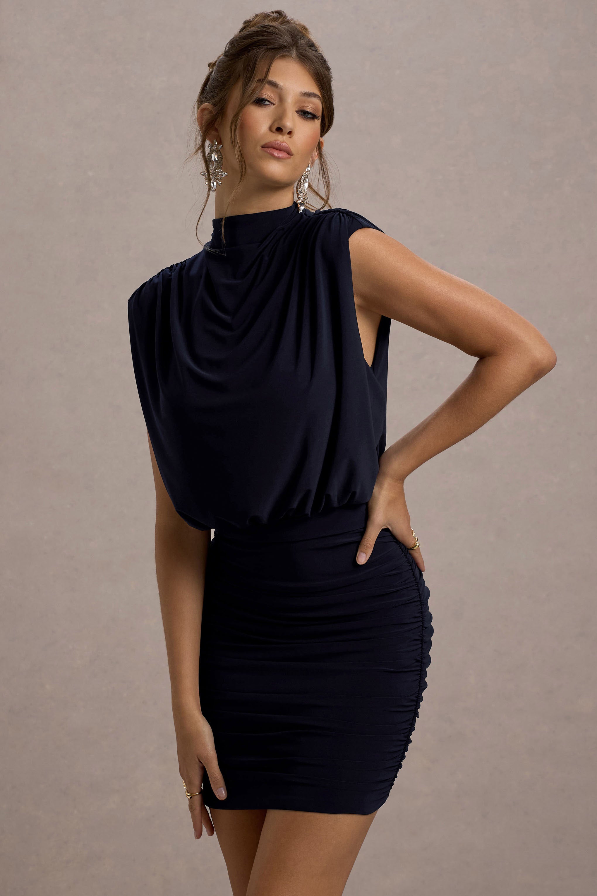 Nymeria Navy High-Neck Draped Bodycon Mini Dress