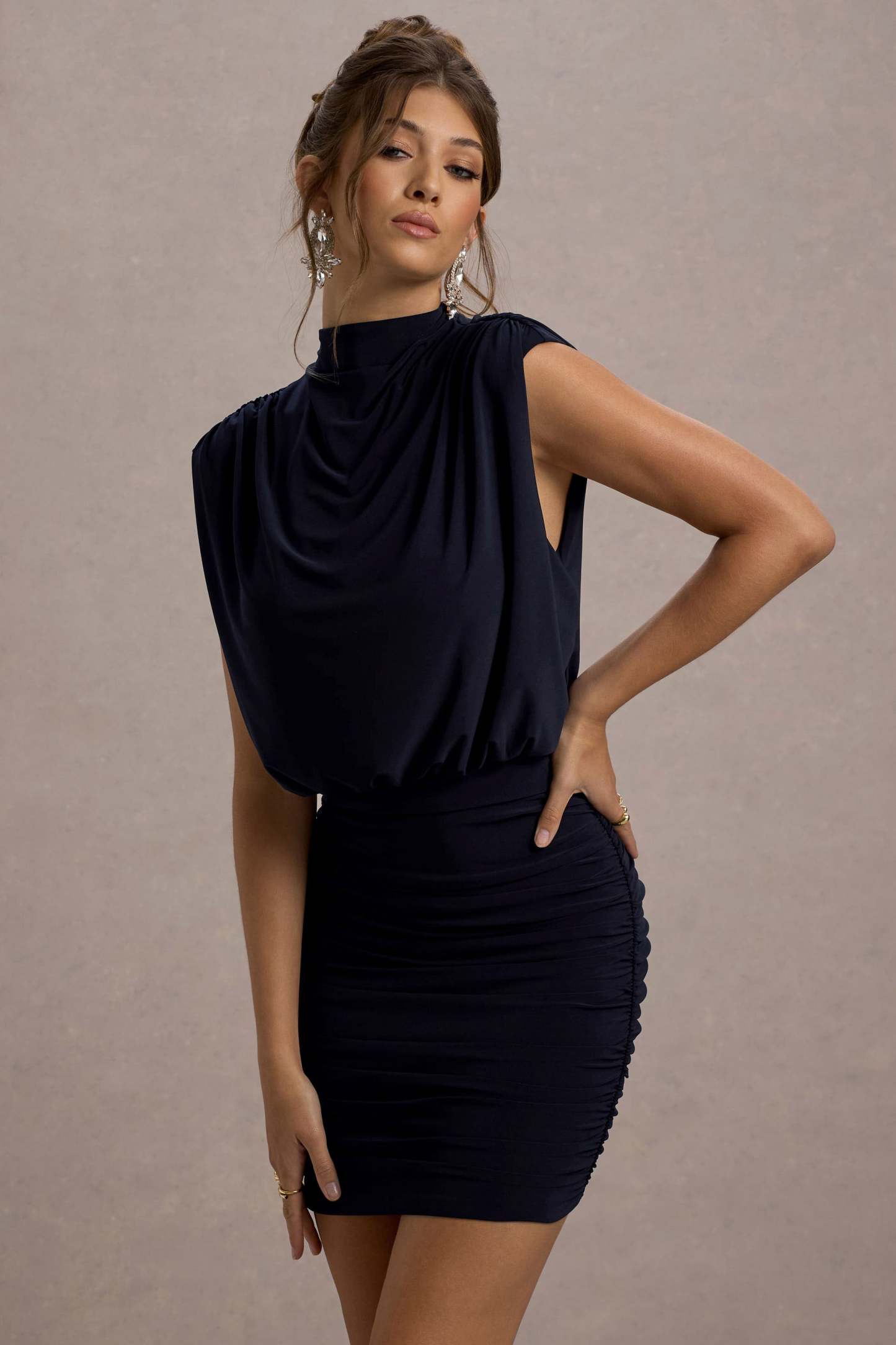 Nymeria Navy High-Neck Draped Bodycon Mini Dress