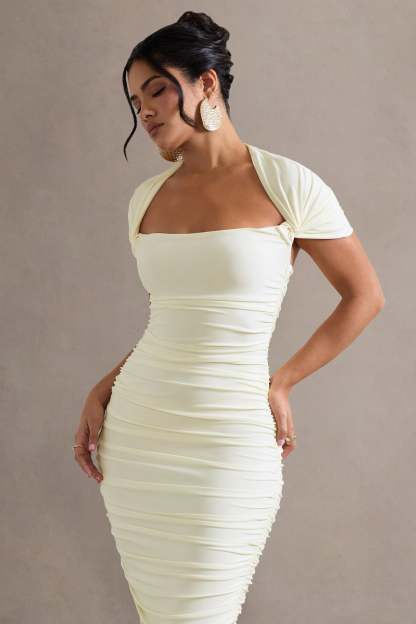 Ecru Ruched Short-Sleeve Midi Dress