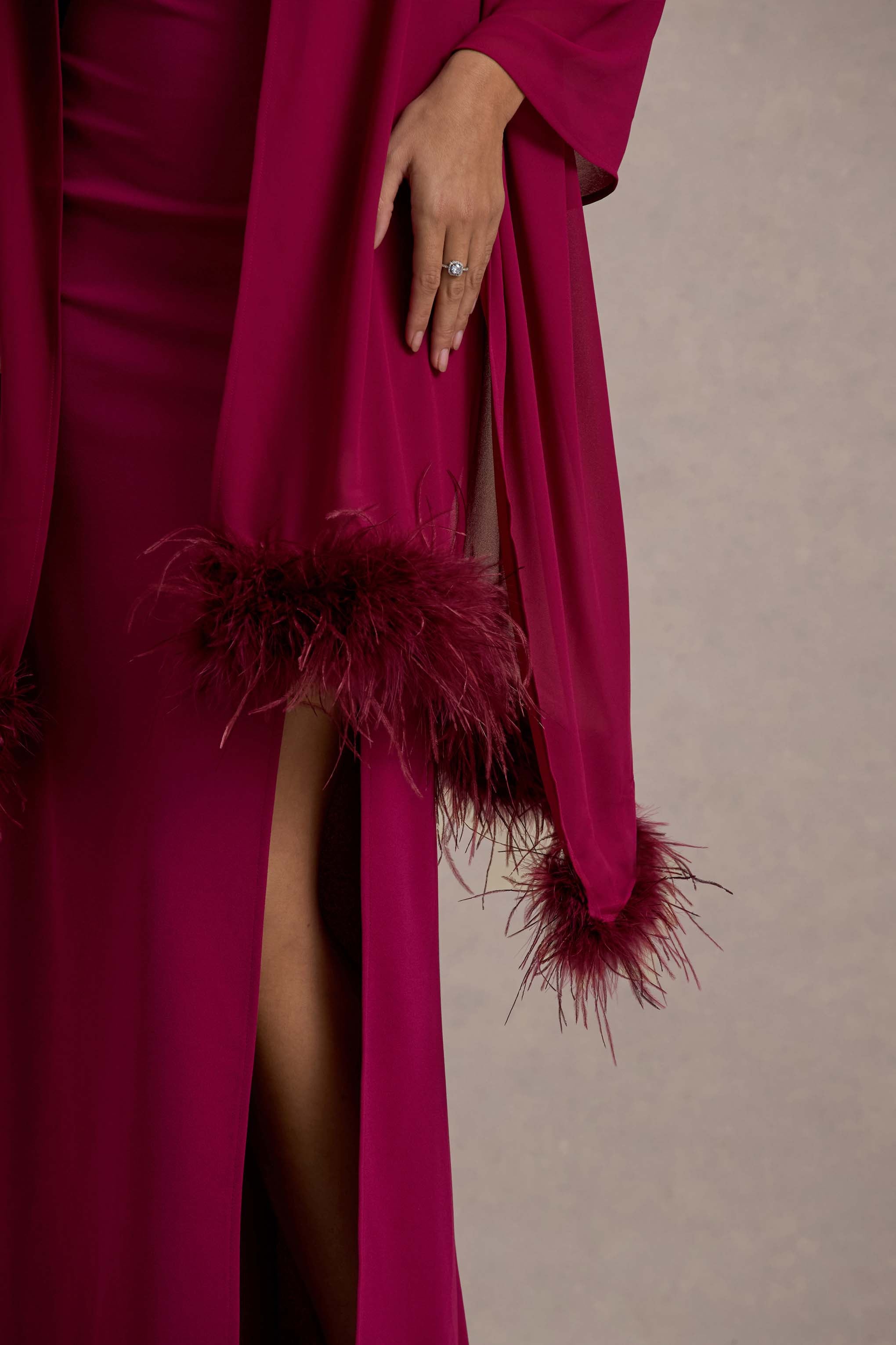 Swoon Mulberry Chiffon Feather-Trim Shawl