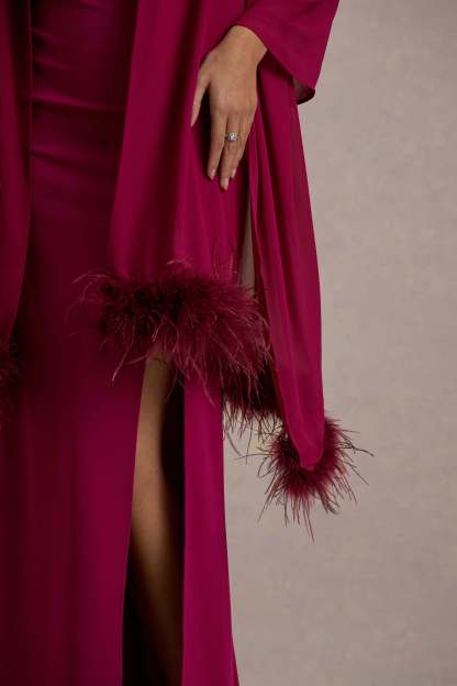 Swoon Mulberry Chiffon Feather-Trim Shawl