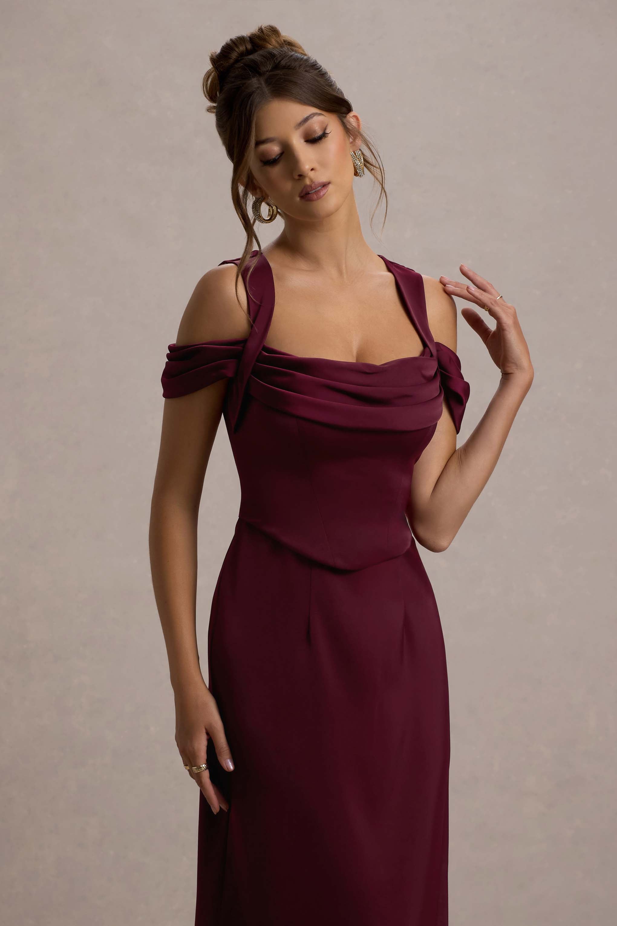 Sawyer Wine Satin Draped Midi Dress