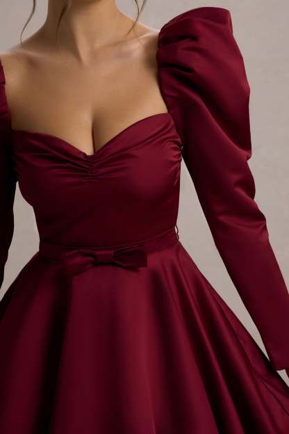 Murphy Burgundy Satin Belted Mini Dress With Puff Sleeves