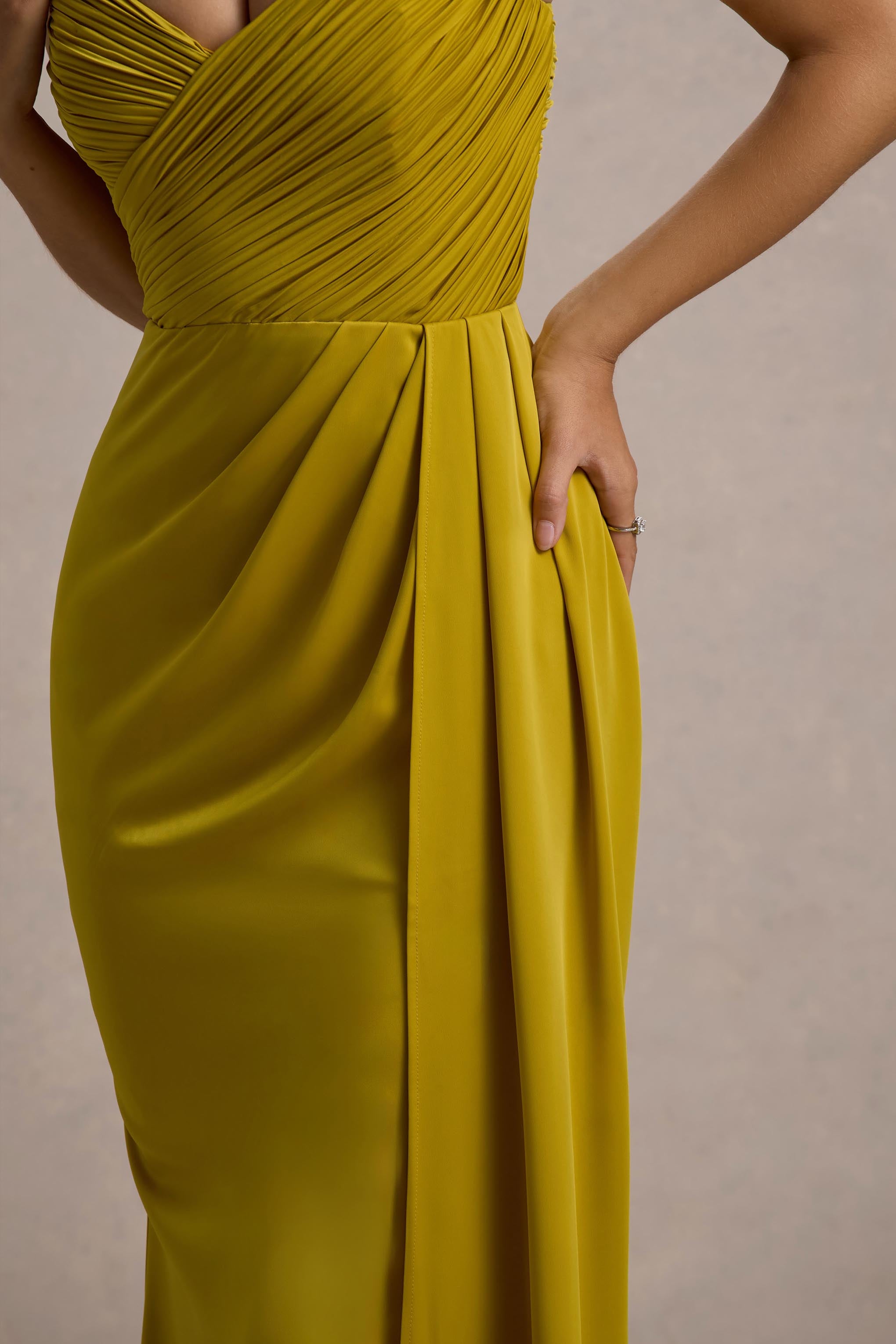 Edel Mustard Satin Strapless Maxi Dress With Drape