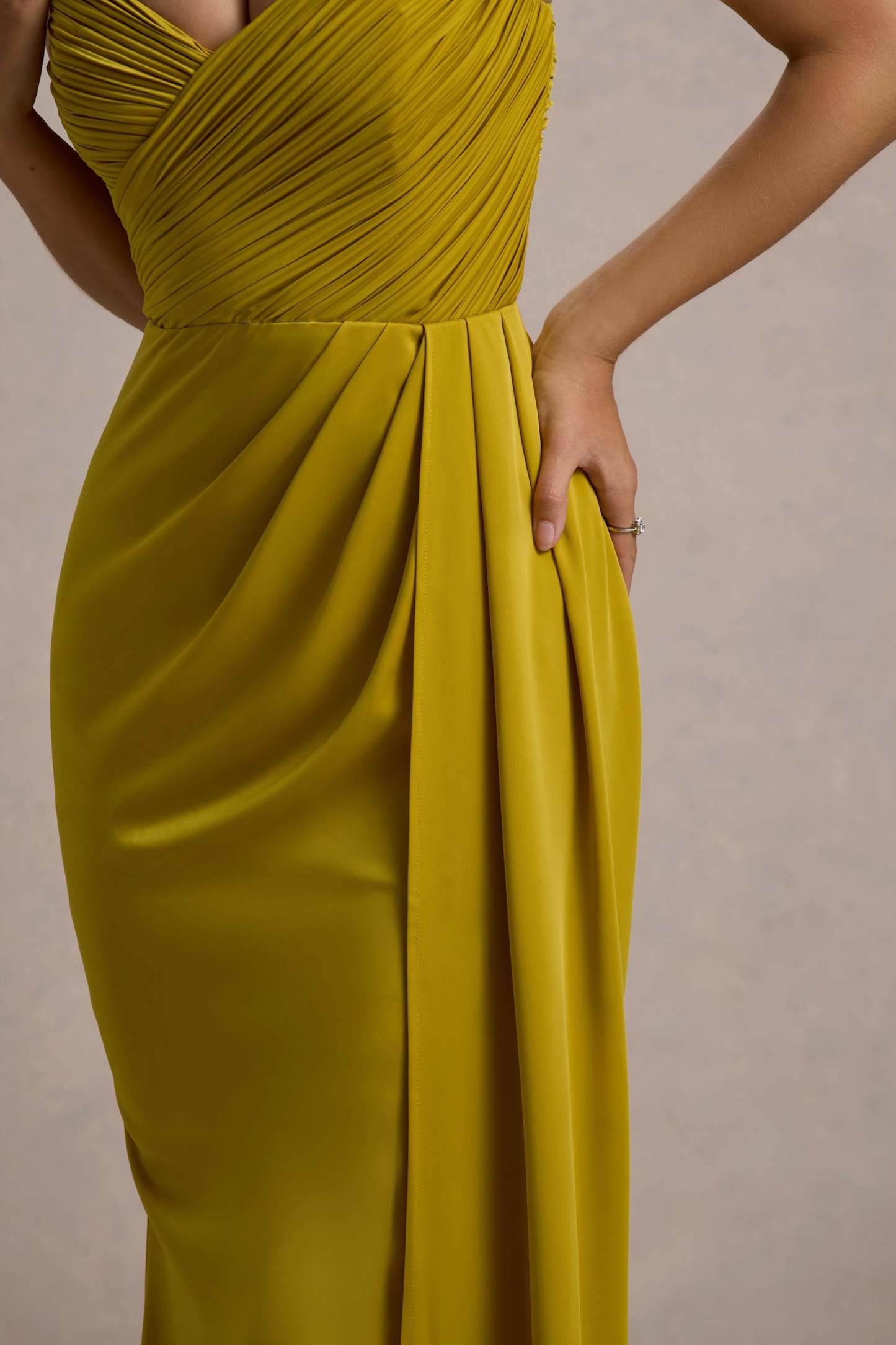 Edel Mustard Satin Strapless Maxi Dress With Drape