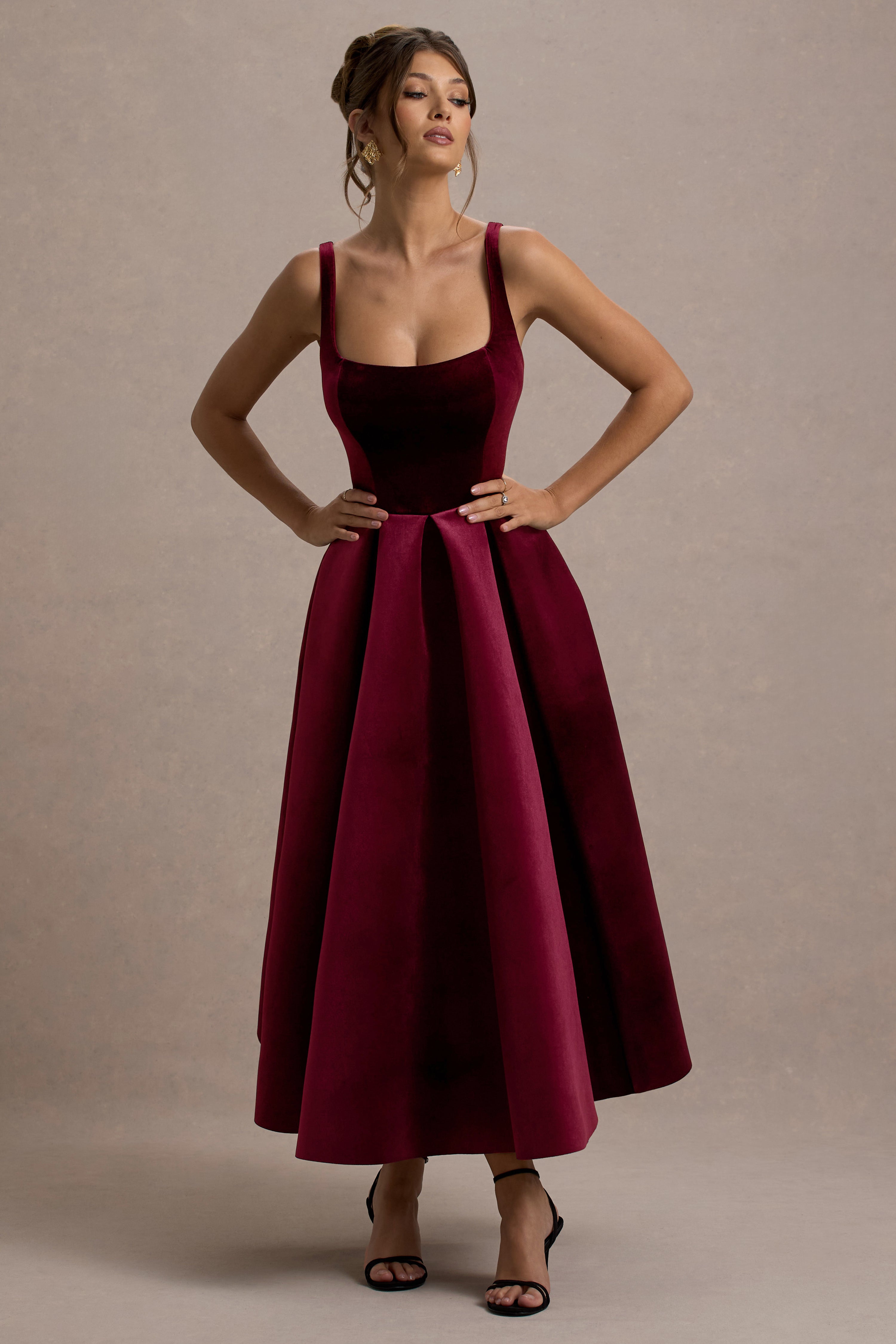 Berry Velvet Strappy Volume-Hem Midi Dress