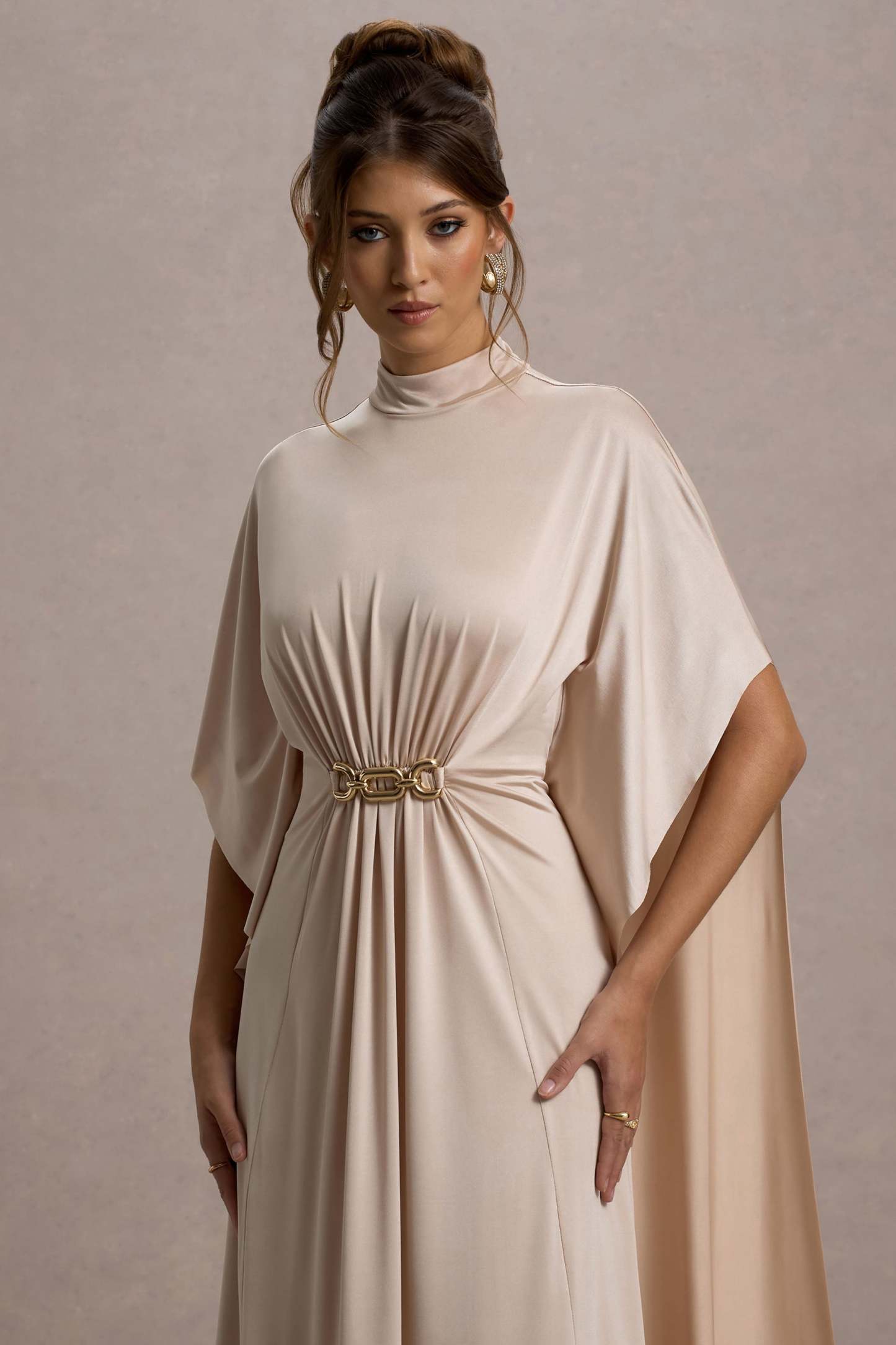 Olessia Champagne Belted Gathered Cape-Sleeve Maxi Dress