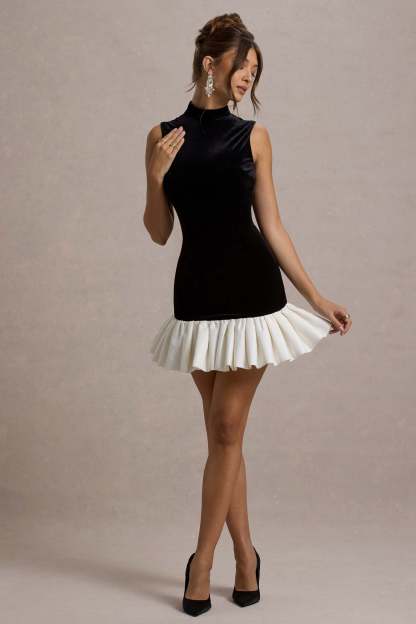 Baxter Black & White Velvet Mini Dress With Satin Ruffle Trim
