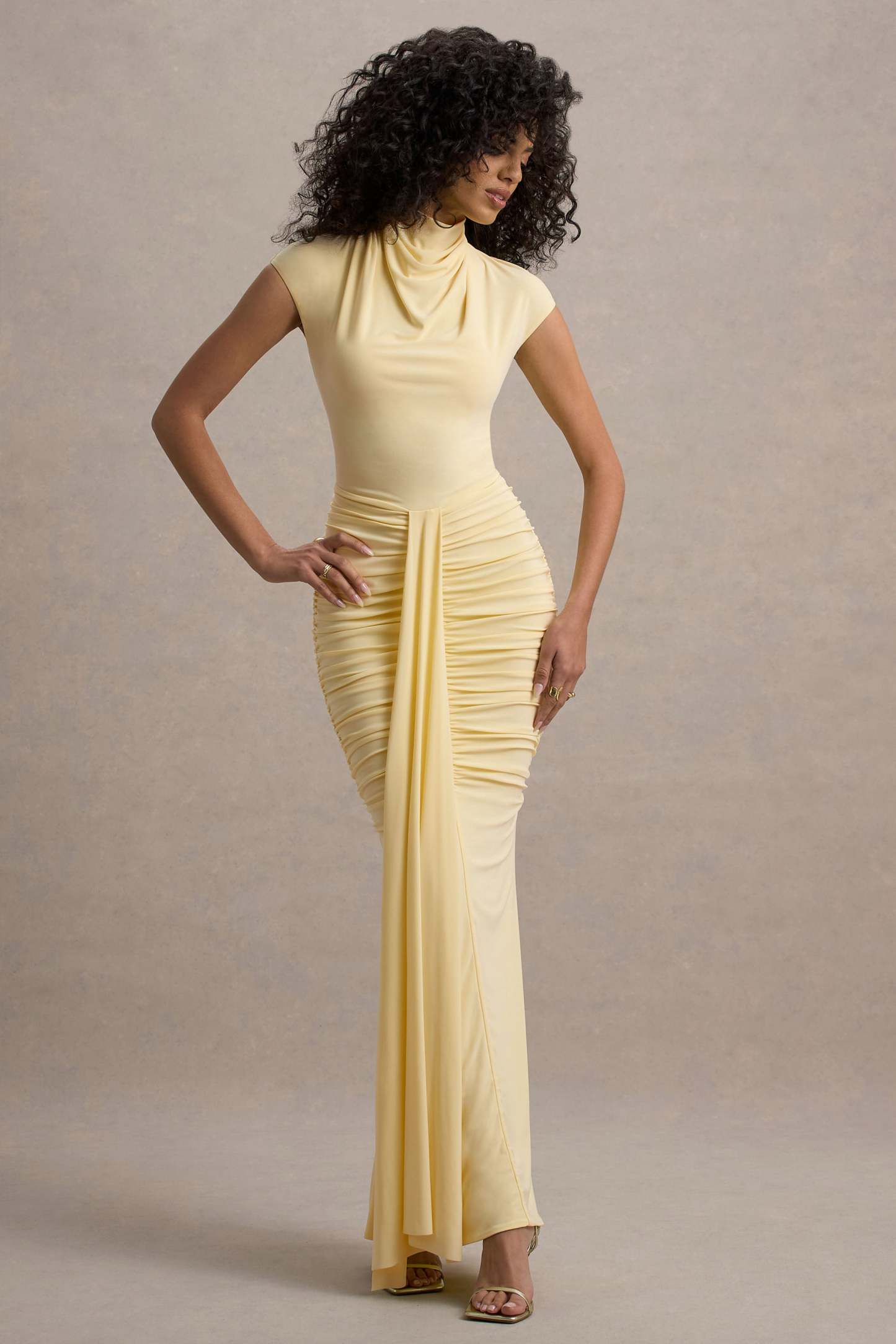 Lemon High-Neck Ruched Maxi Dress With Draped Skirt