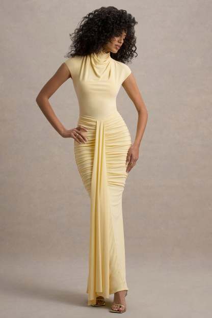 Lemon High-Neck Ruched Maxi Dress With Draped Skirt