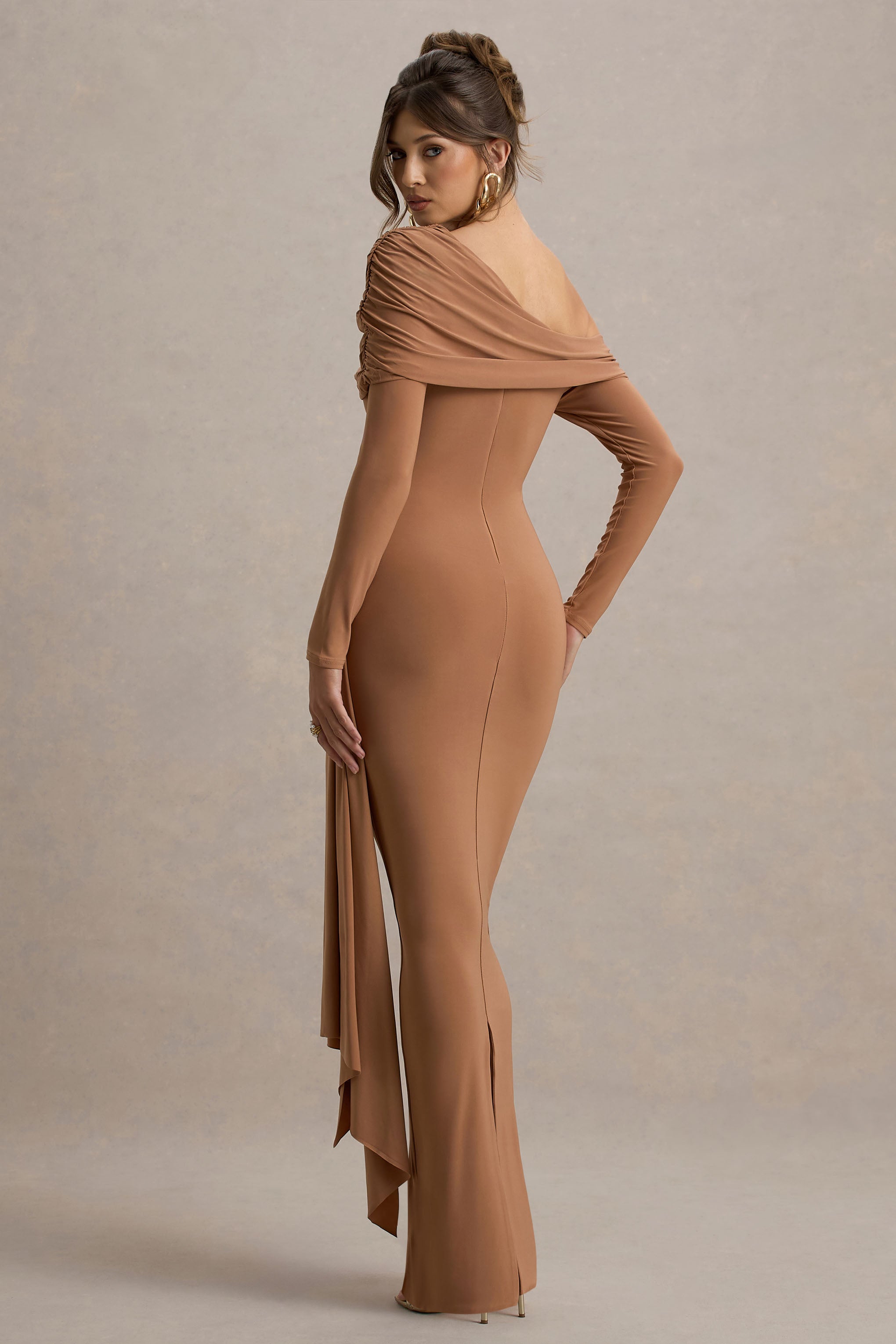Brown Ruched Asymmetric Maxi Dress With Drape