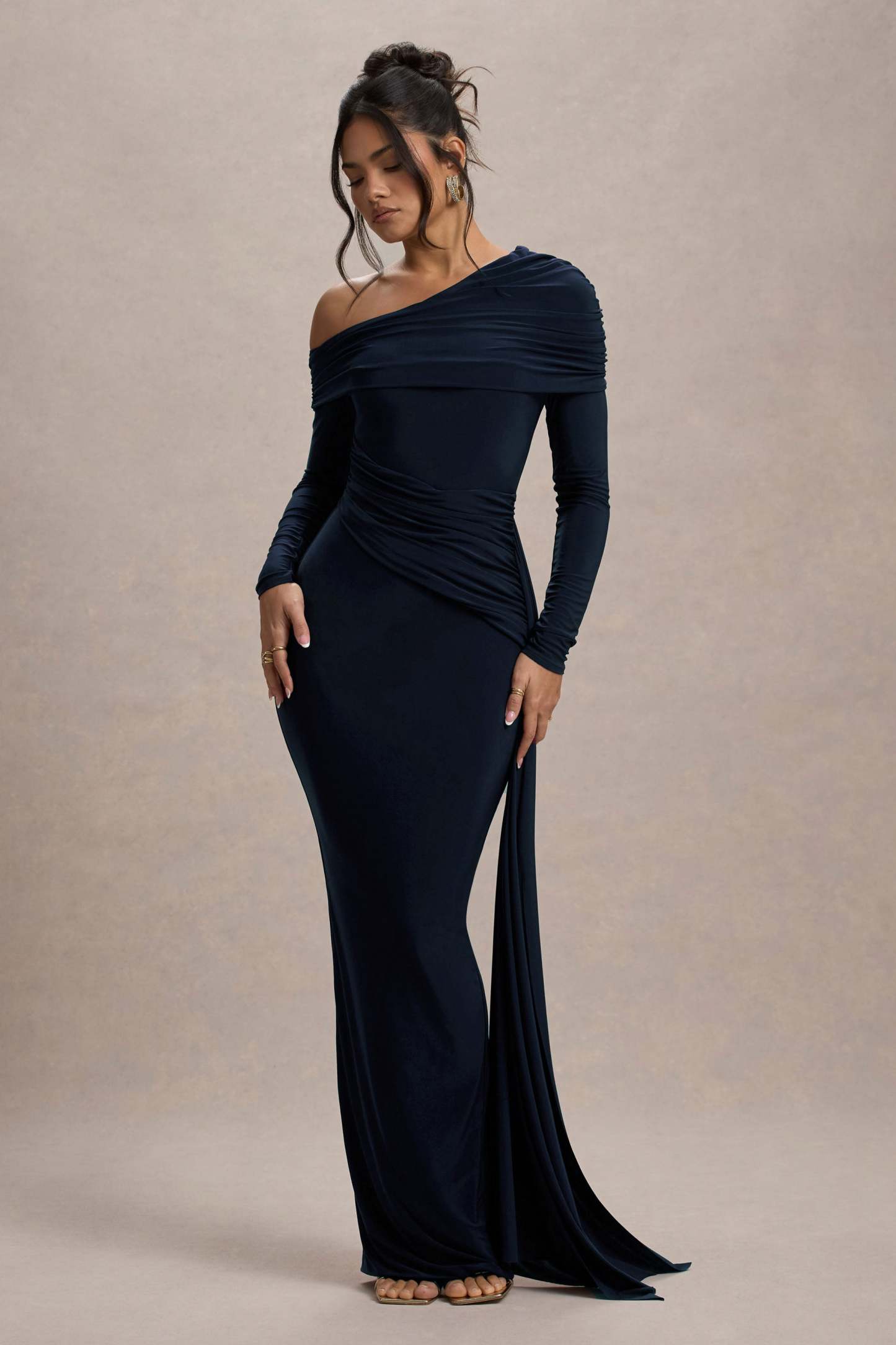 Navy Ruched Asymmetric Maxi Dress With Drape