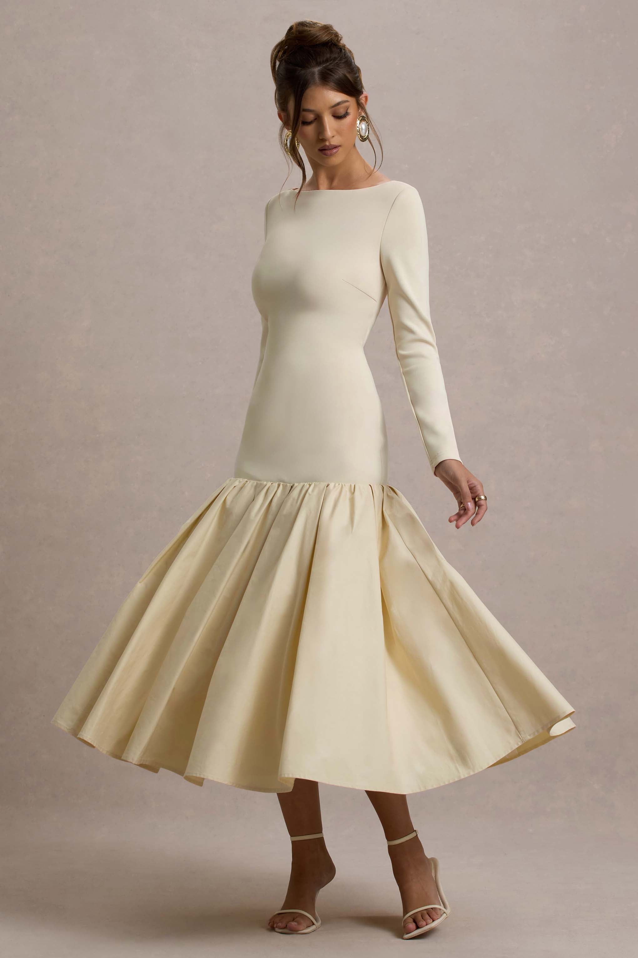 Perpetua Cream Drop-Waist Midi Dress With Volume Skirt