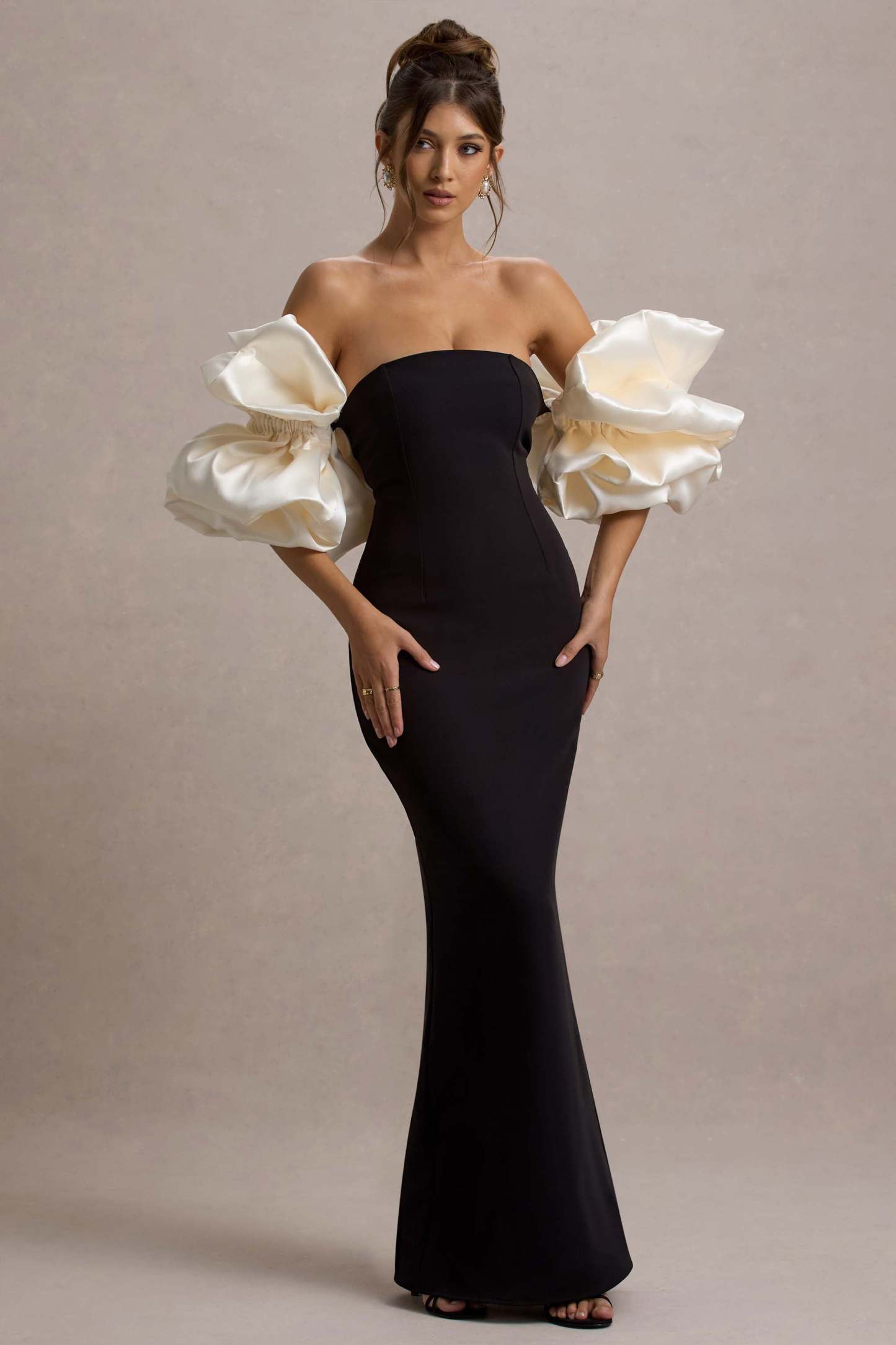 Evermore Black & Cream Puff-Sleeve Maxi Dress