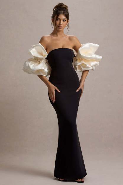 Evermore Black & Cream Puff-Sleeve Maxi Dress