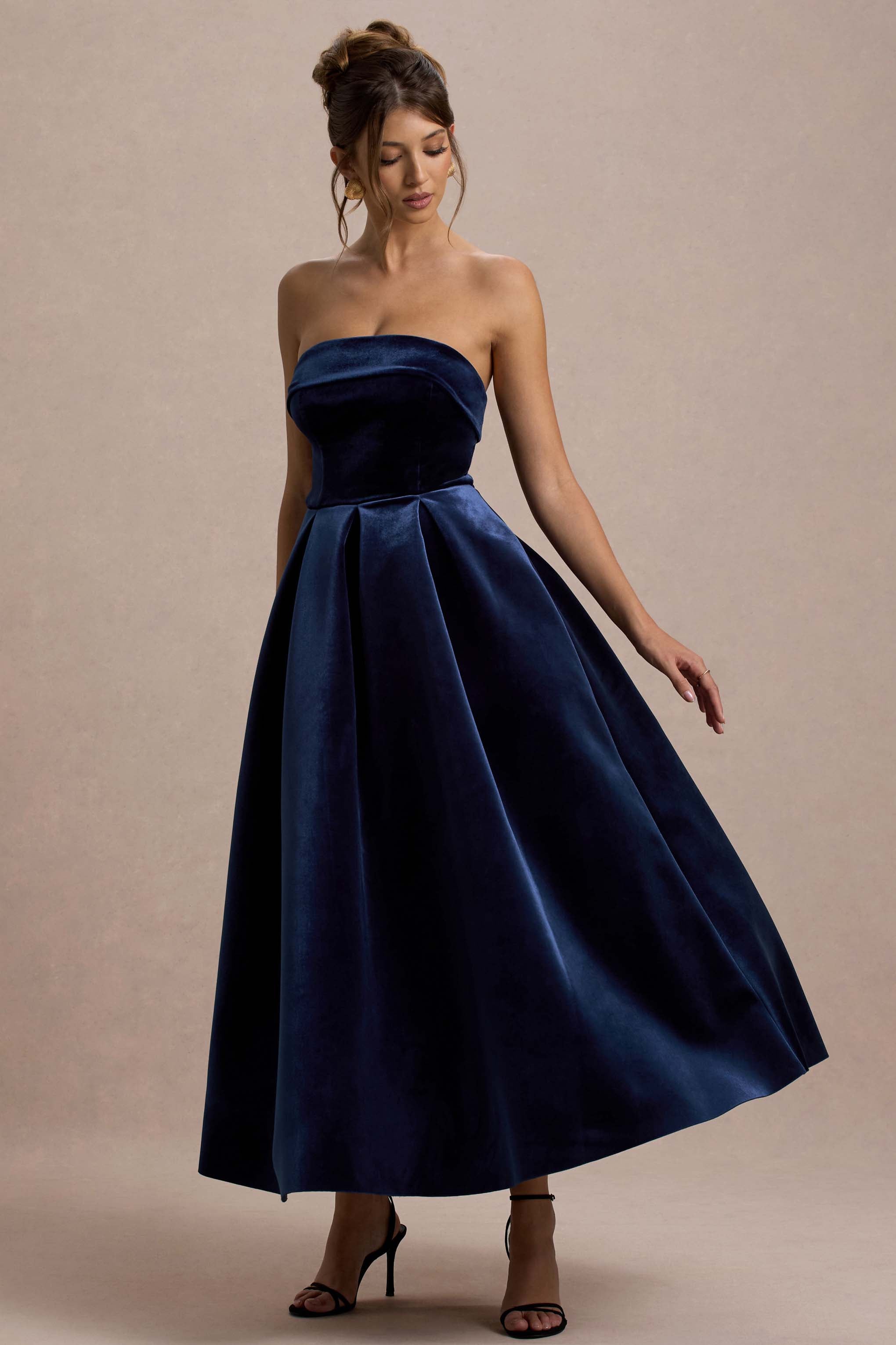 Addina Navy Velvet Bandeau Skater Midi Dress