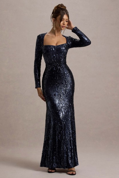 Ensley Navy Sequin Sweetheart Long-Sleeve Maxi Dress