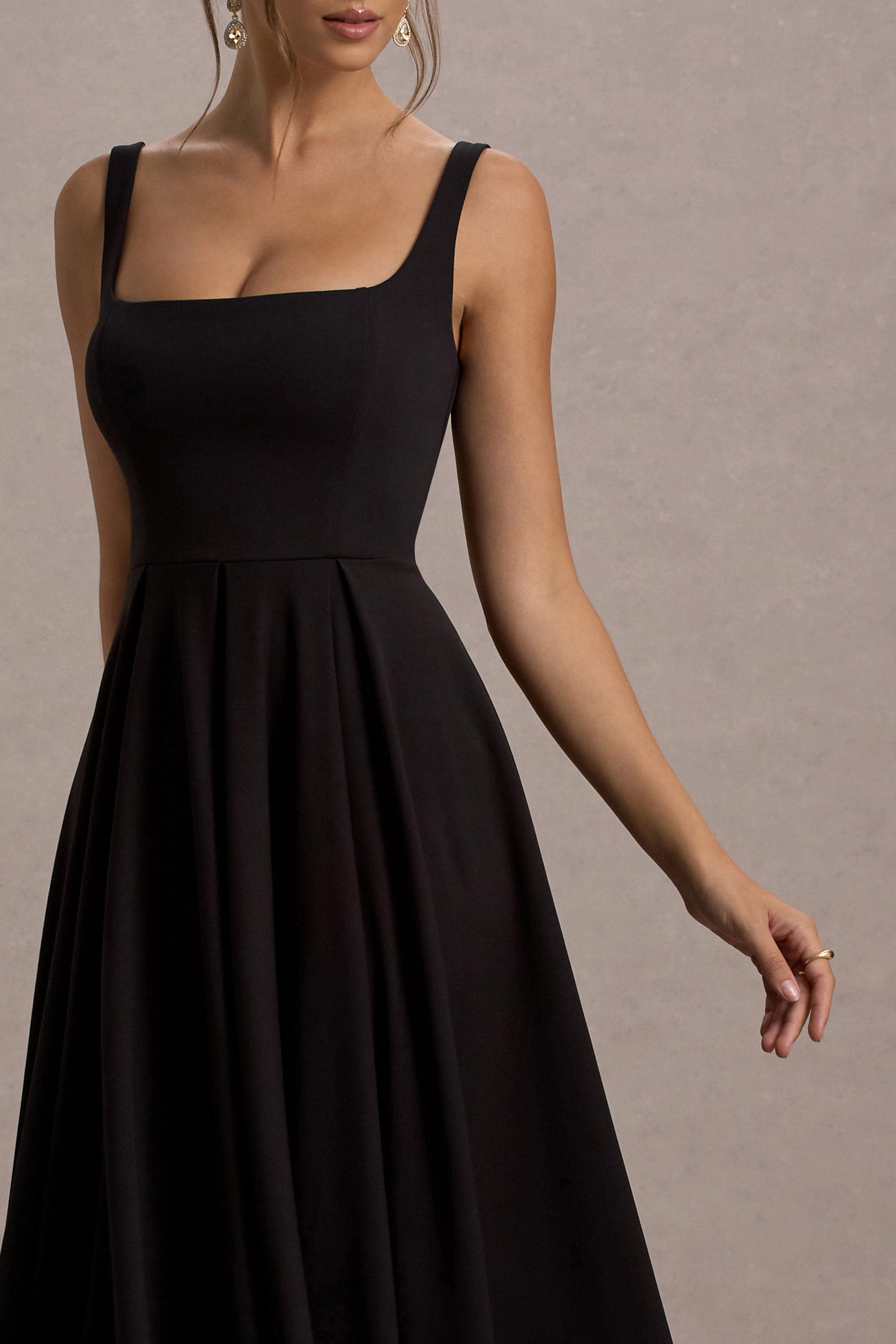Black Strappy Volume-Hem Midi Dress