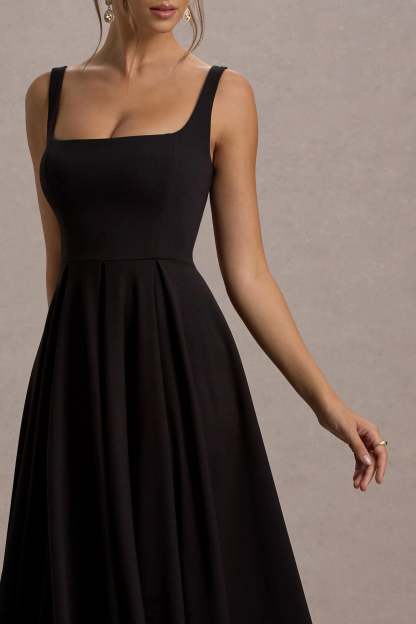 Black Strappy Volume-Hem Midi Dress