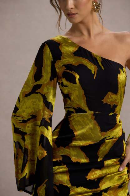 Mustard Print Satin Jacquard One Sleeve Ruffled Split Maxi Dress