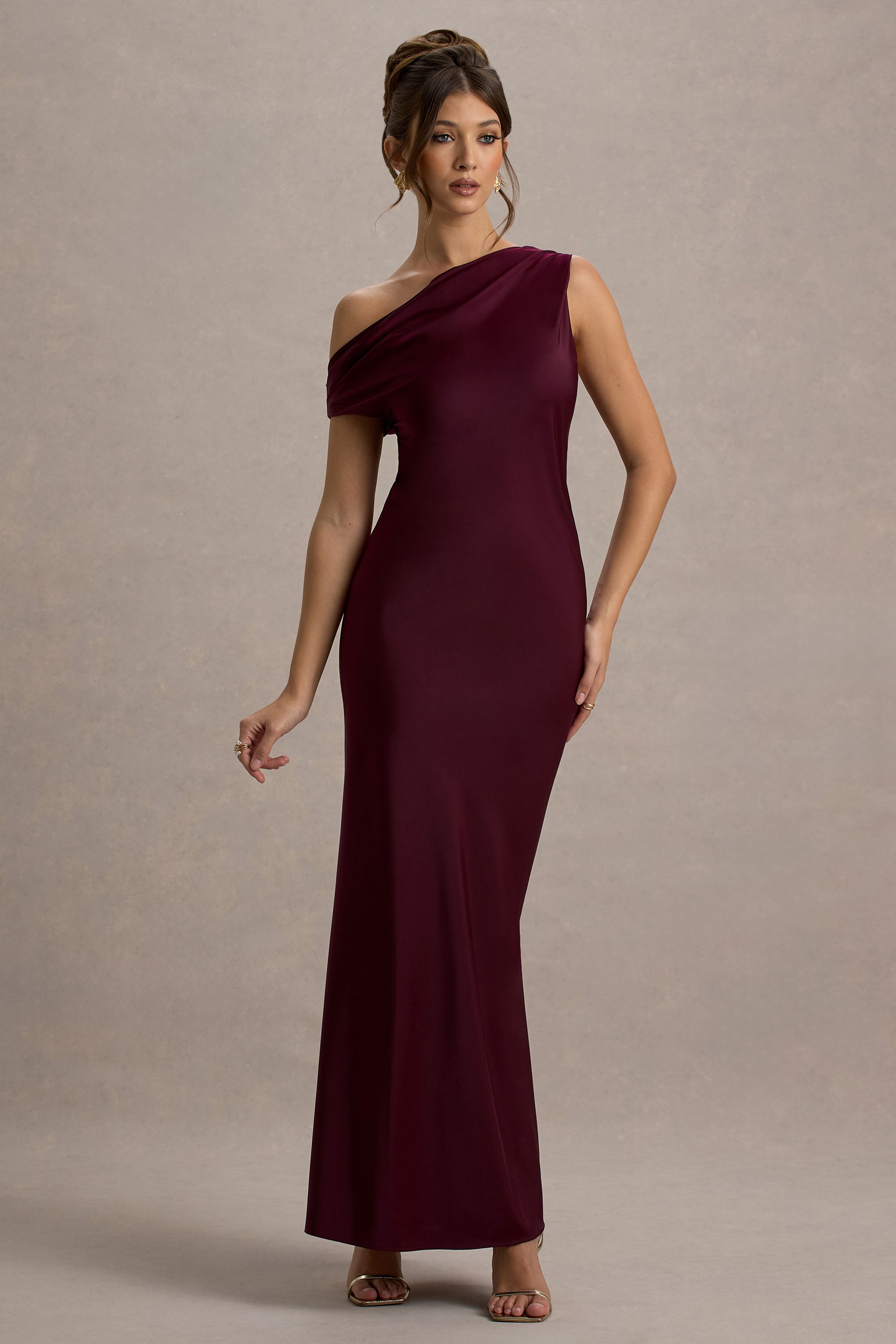 Isolde Burgundy Satin One-Shoulder Maxi Dress