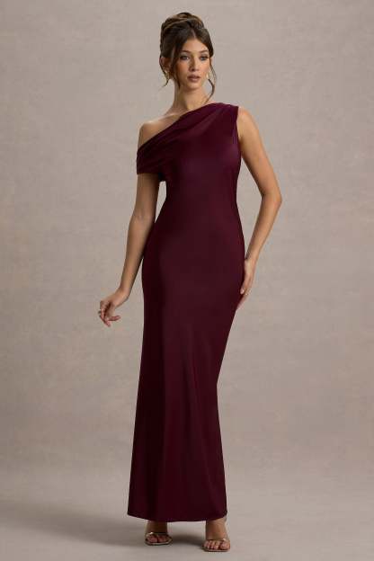 Isolde Burgundy Satin One-Shoulder Maxi Dress