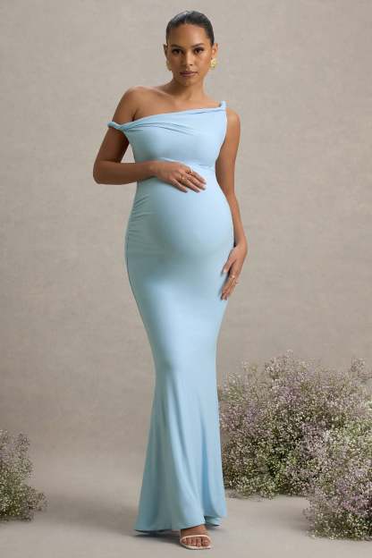 Powder Blue Twisted Asymmetric Maternity Maxi Dress