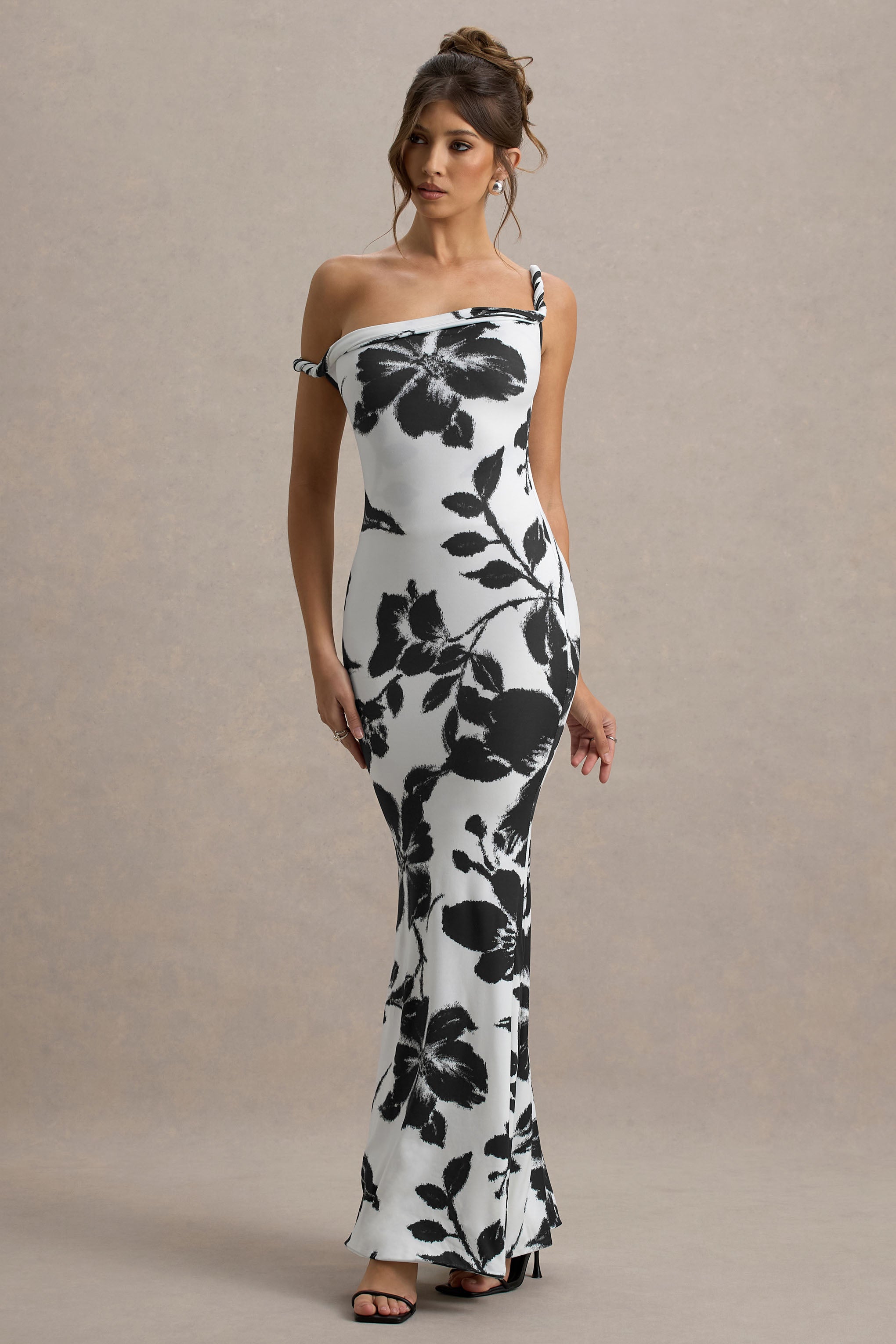 Monochrome Floral Print Twisted Asymmetric Maxi Dress