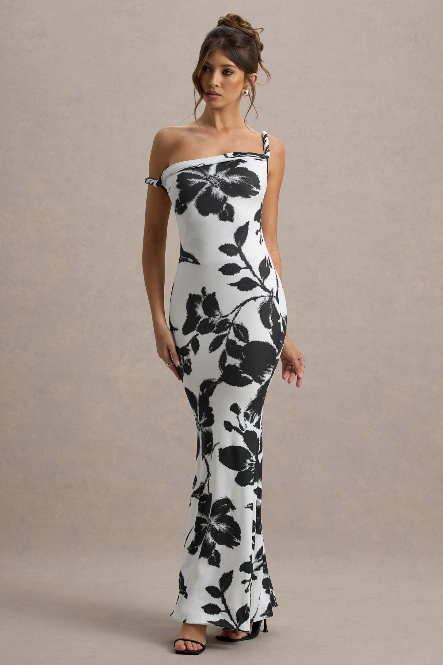 Monochrome Floral Print Twisted Asymmetric Maxi Dress