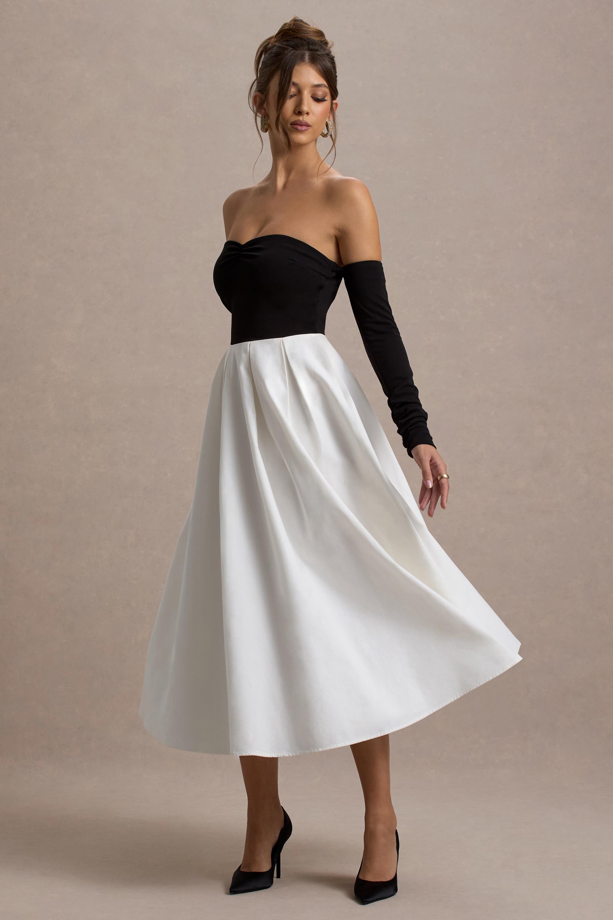 Solada Black & Cream Bardot Pleated Maxi Dress
