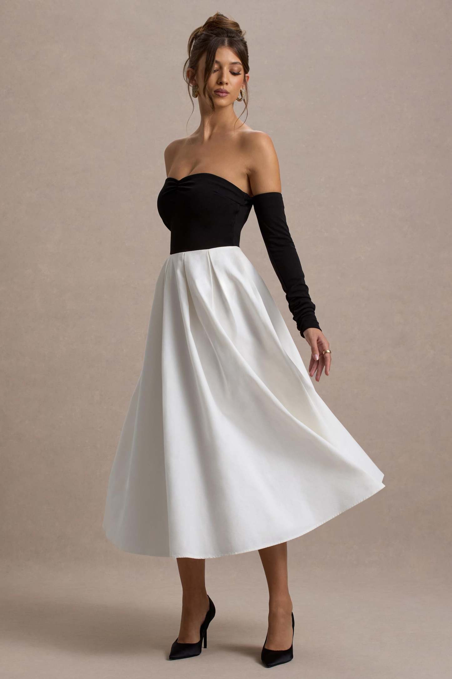 Solada Black & Cream Bardot Pleated Maxi Dress
