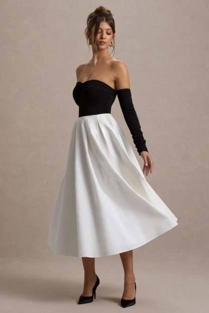 Solada Black & Cream Bardot Pleated Maxi Dress