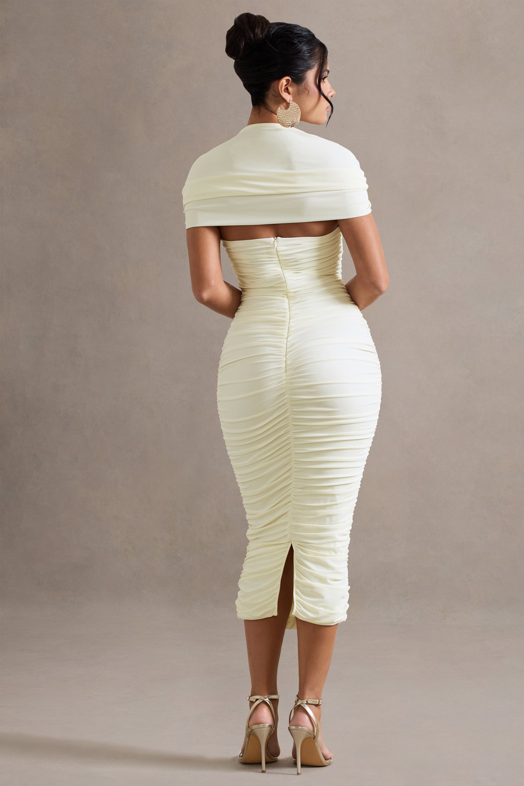 Ecru Ruched Short-Sleeve Midi Dress