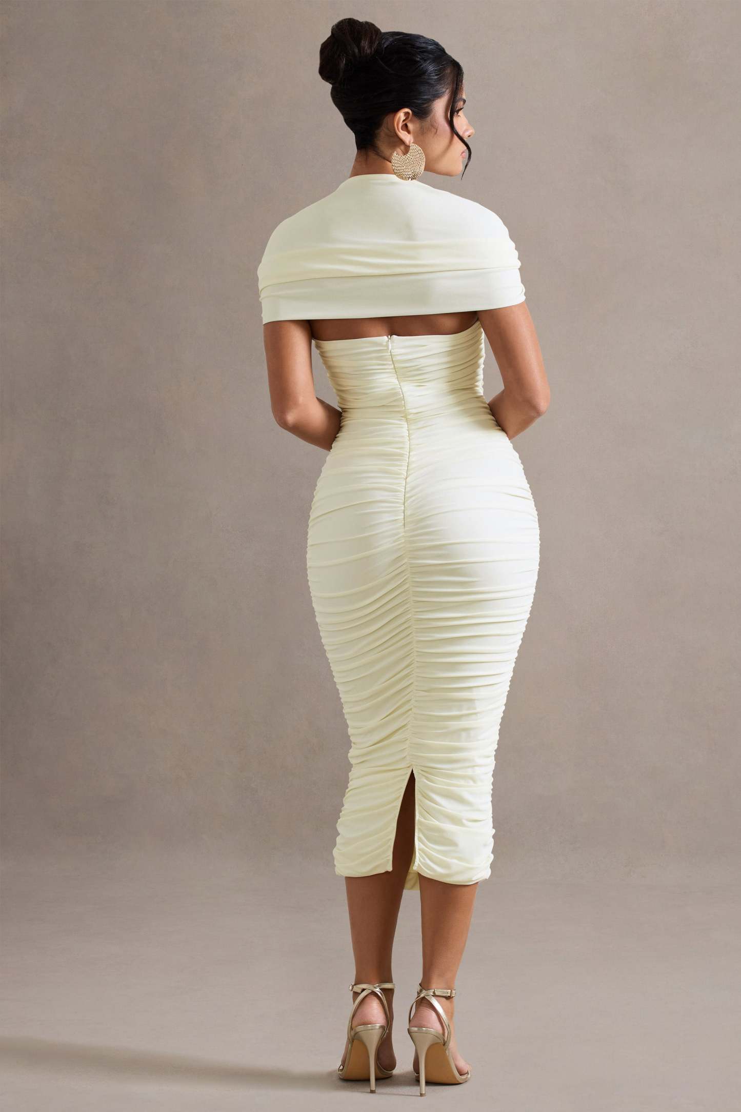 Ecru Ruched Short-Sleeve Midi Dress