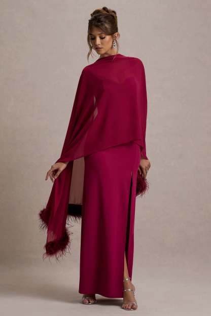 Swoon Mulberry Chiffon Feather-Trim Shawl