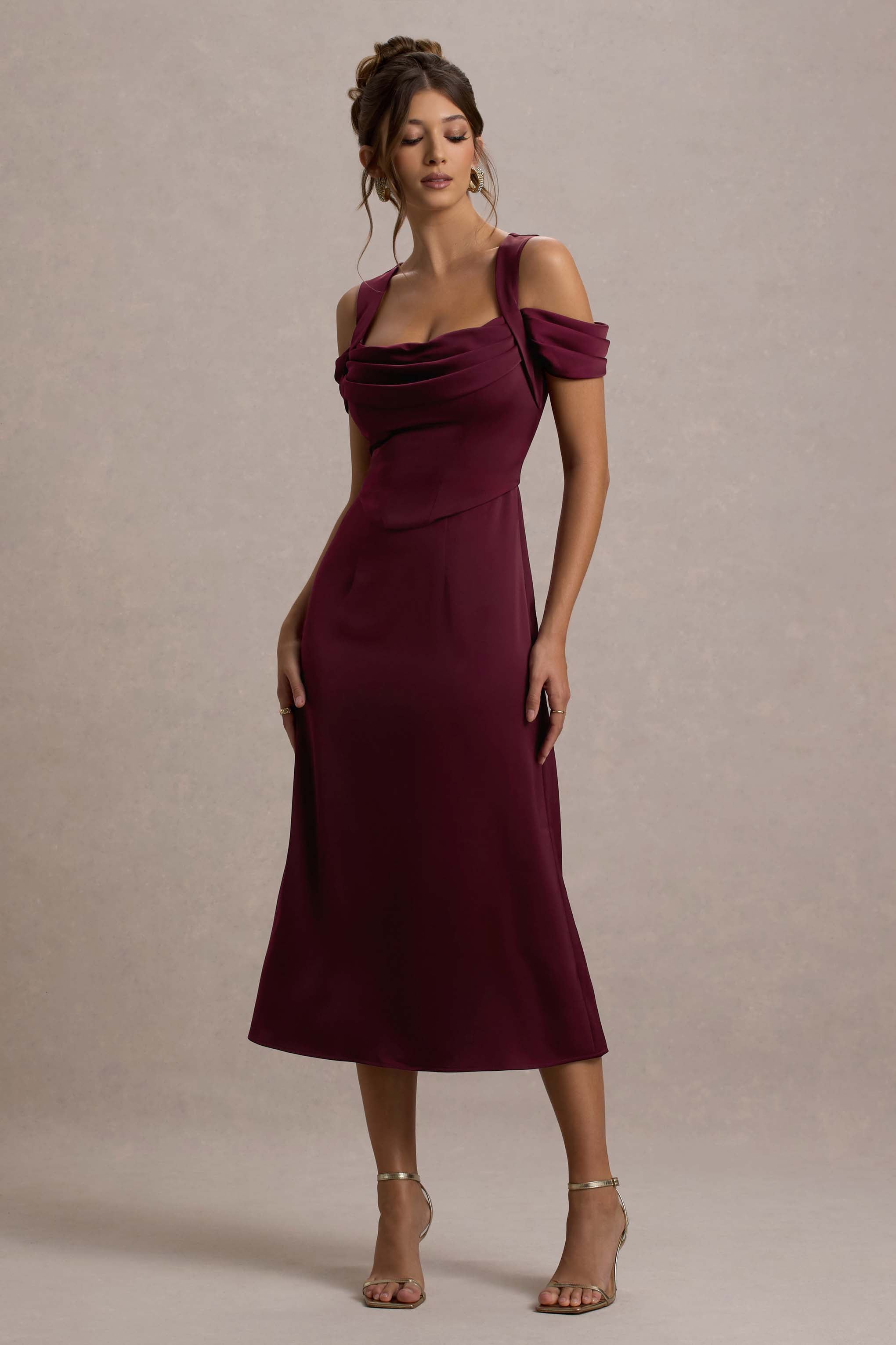 Sawyer Wine Satin Draped Midi Dress