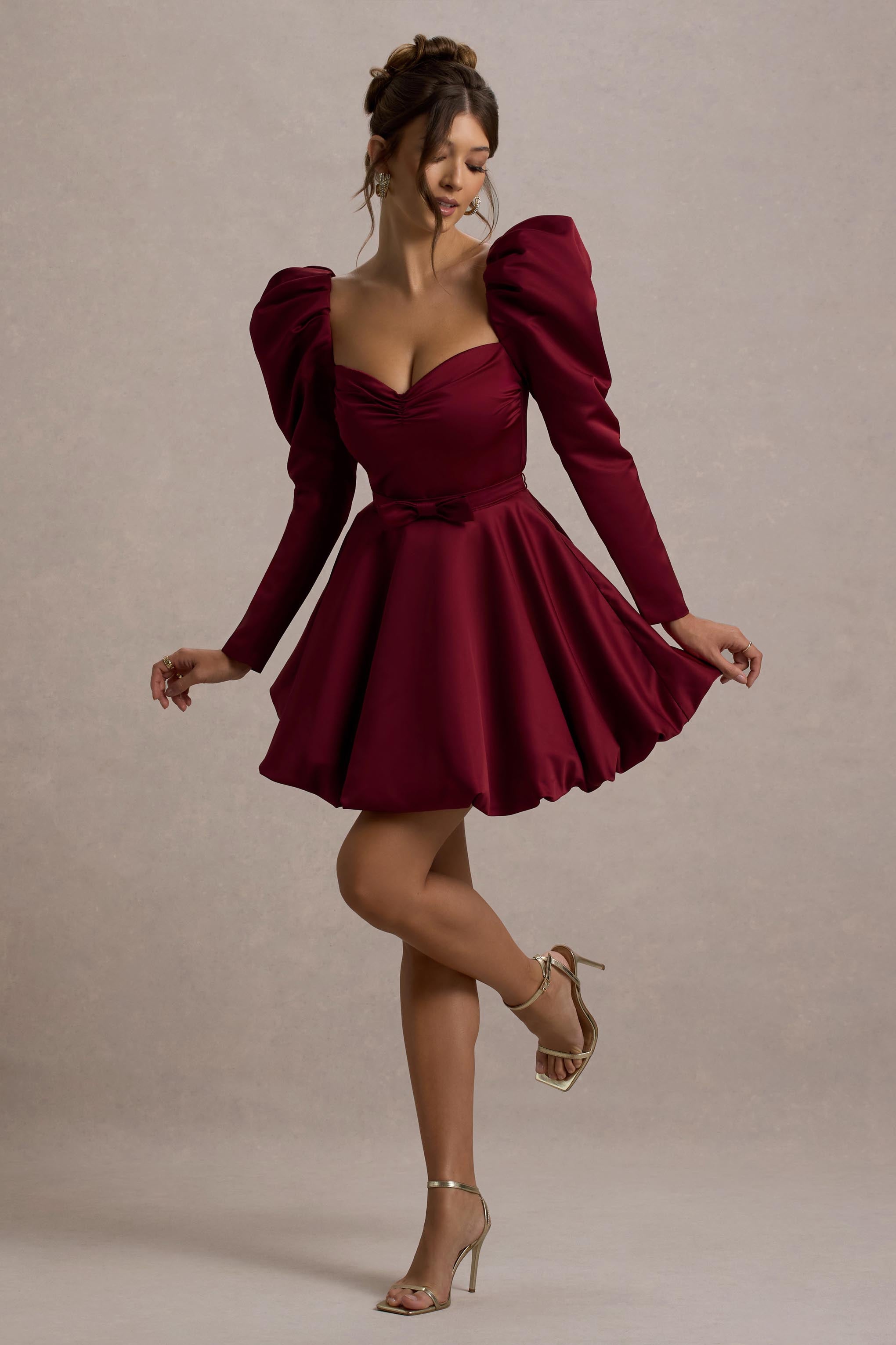 Murphy Burgundy Satin Belted Mini Dress With Puff Sleeves