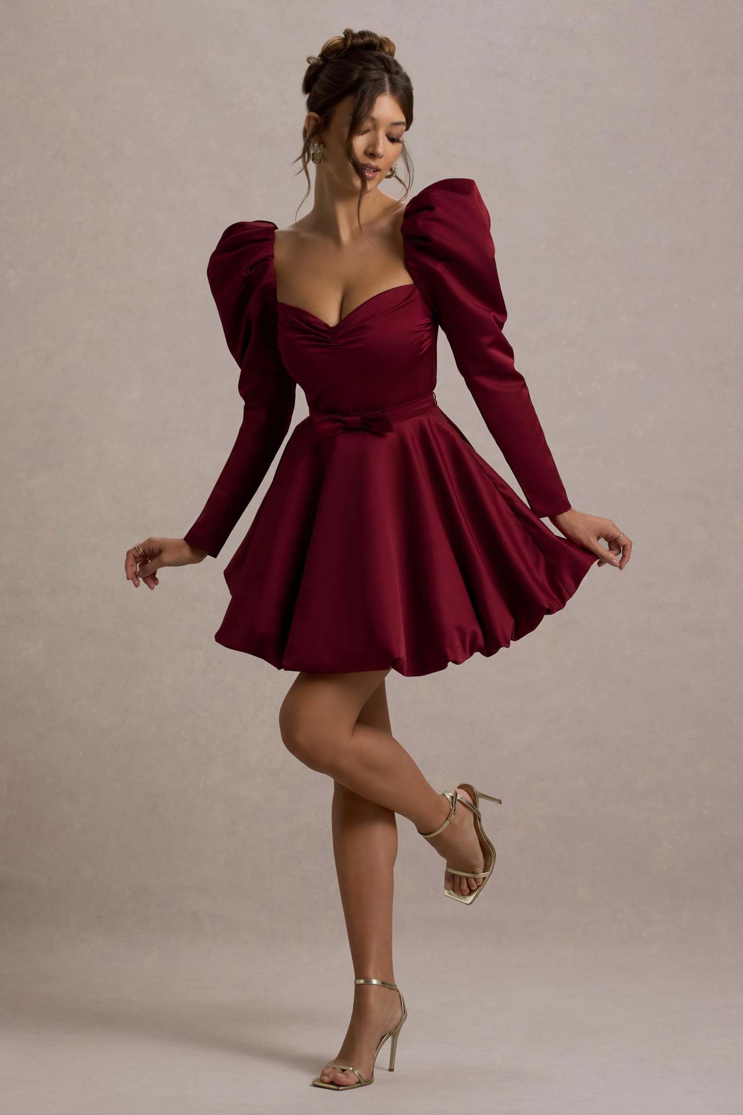Murphy Burgundy Satin Belted Mini Dress With Puff Sleeves