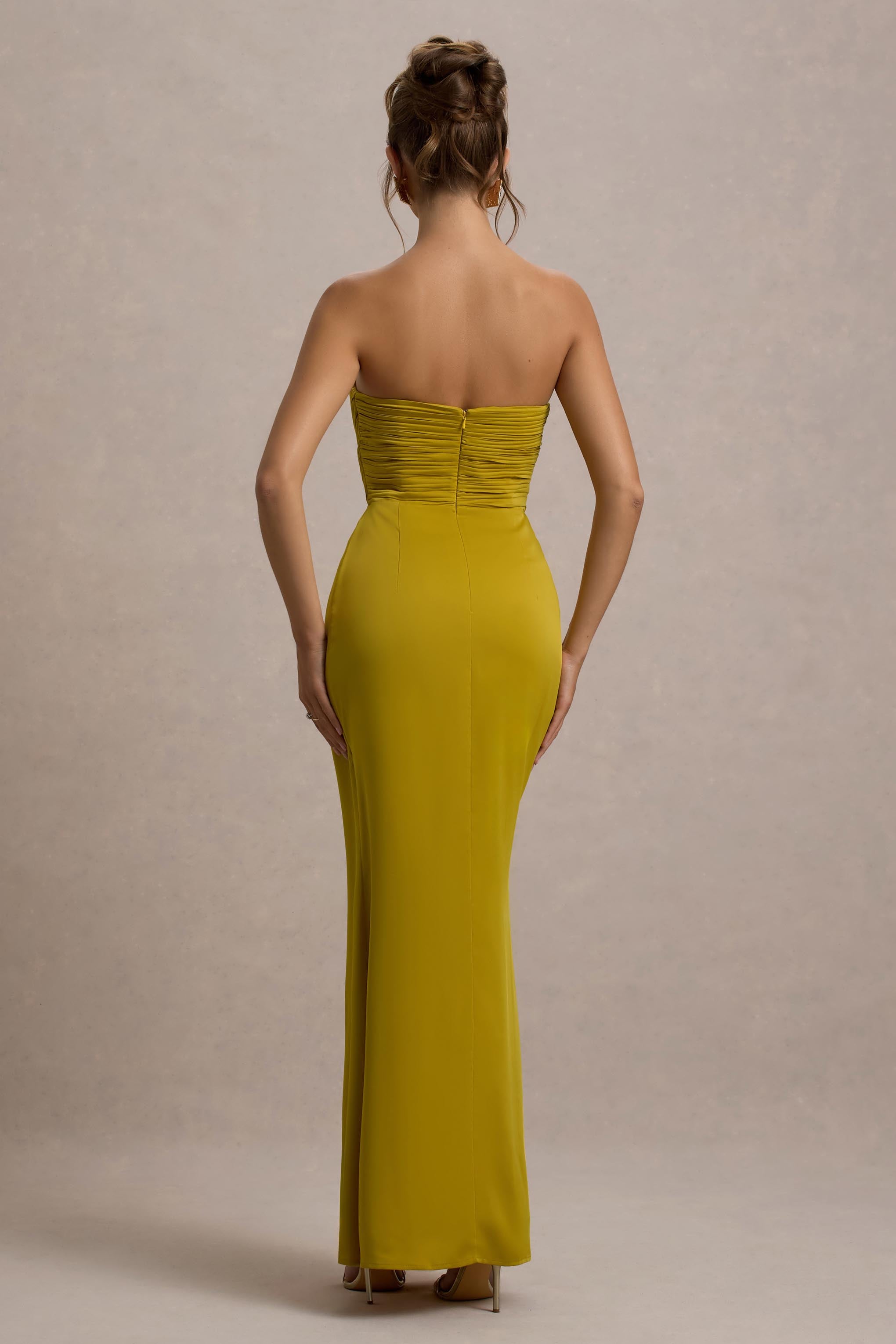 Edel Mustard Satin Strapless Maxi Dress With Drape