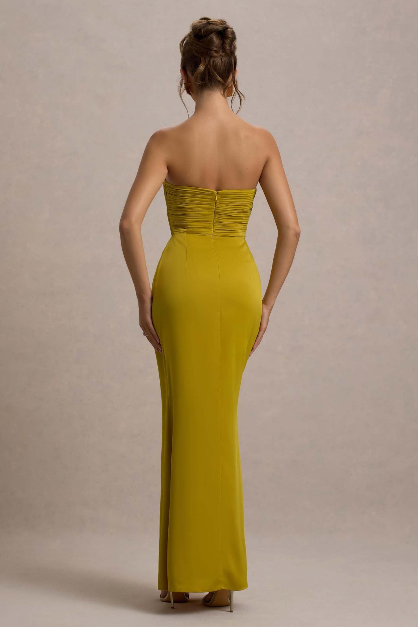 Edel Mustard Satin Strapless Maxi Dress With Drape